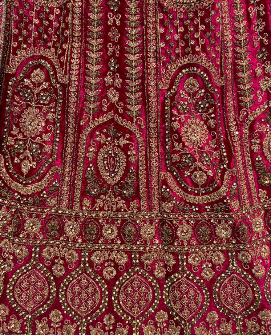 2858 - Double dupatta combine Red Velvet Lehenga choli in Dori work